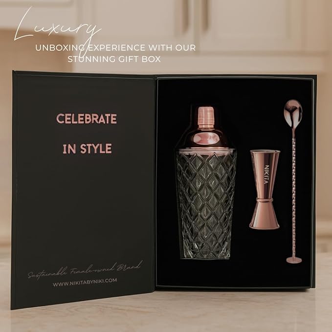 Glass Cocktail Shaker Set - 5 Piece - Rose Gold Martini Shaker Set with Strainer, Jigger, Spoon & Muddler - 16 oz Drink Shakers Cocktail - Ideal Gift for Home Bar & Drink Trolley Décor