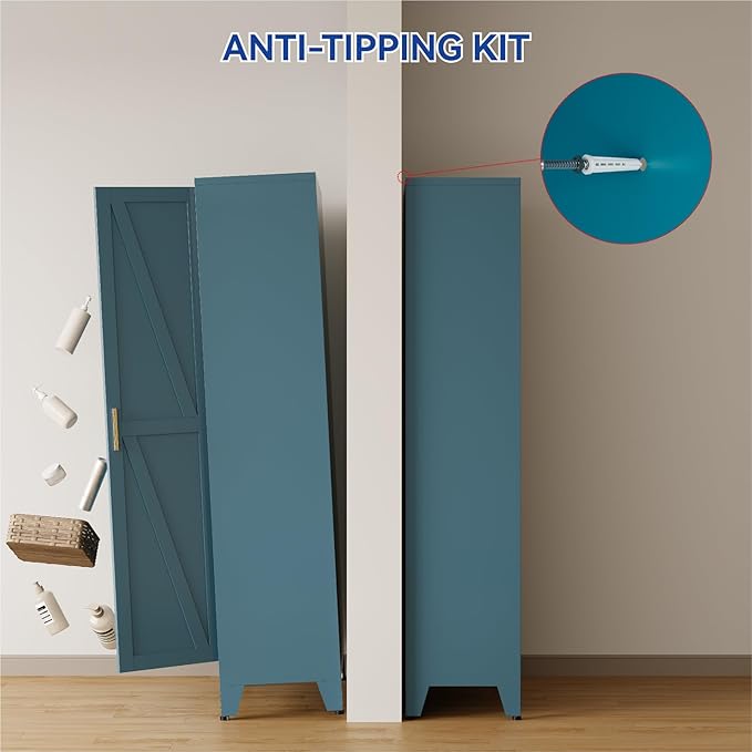 COFaR 71 in Tall Metal Storage Cabinet, Metal Cabinet with 3 Adjustable Shelves and Barn Doors, Farmhouse Cupboard Storage for Kitchen Pantry Garage, Peacock Blue 5-Tier