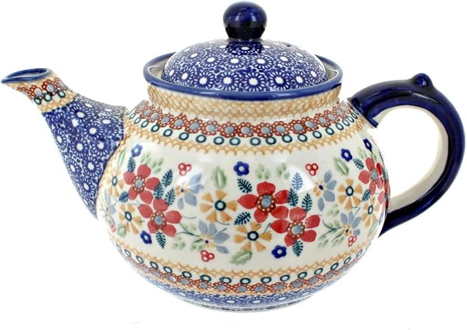 Blue Rose Polish Pottery - Red Daisy Teapot - 5 Cup Capacity - Hand-Painted Polish Pottery Ceramic Coffee & Tea Server
