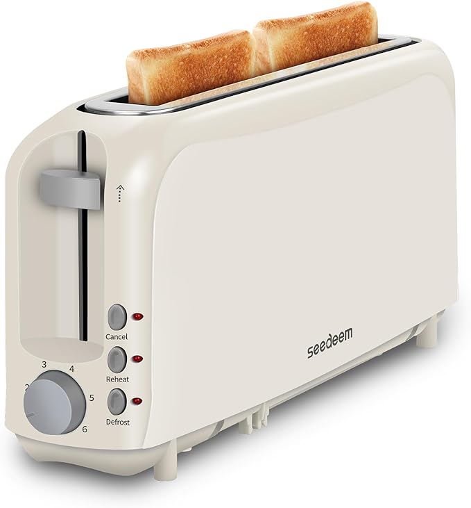 SEEDEEM 2 Slice Slim Toaster, Single 10" Long Slot Toaster Fits Bagels & Artisan Bread, 6 Shade Settings, Cancel/Reheat/Defrost, Removable Crumb Tray, Auto Shut-Off, White
