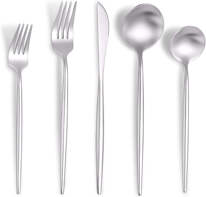 Lemeya Matte Silverware Set for 4,Modern Stainless Steel Brushed Cutlery Set,20-Pieces Heavy Duty Flatware Set,Knives Spoons and Forks Set Utensils Set, Satin Finish, Dishwasher Safe