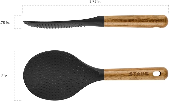 STAUB Rice Spoon, Perfect for Keeping Rice Fluffy While Scooping and Serving, Durable BPA-Free Matte Black Silicone, Acacia Wood Handles, Safe for Nonstick Cooking Surfaces, 8.75 x 3 x 0.75 inches
