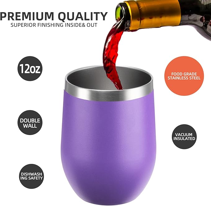 12 oz Insulated Wine Tumbler with Lid and Straw,Stainless Steel Stemless Wine Tumbler Double Wall Vacuum Wine Cups Tumbler Bulk for Coffee,Champaign,Cocktail,Office(Orange/Teal/Purple/Sky blue)