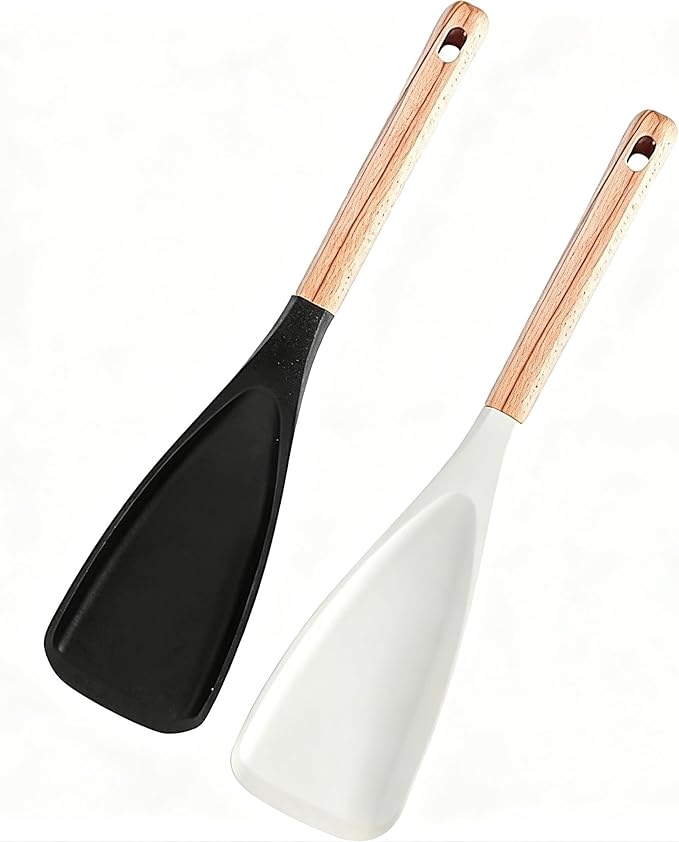 Cedarwood and ash wood spatula, multi-purpose cooking spoon with heat-resistant silicone, wooden handle, suitable for non-stick cookware, ergonomic grip (2-piece set: white + black)