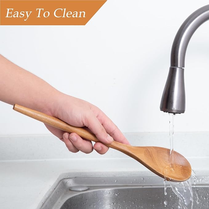 GinSent 2PCS Wooden Spoons for Cooking14 Inch Cooking Wooden Spoons Comfort Grip Wood Spoons Cooking Kitchen Utensils for Stirring Scraping Flipping, Serving,Non-Stick Cookware Corner spoon & Spoon