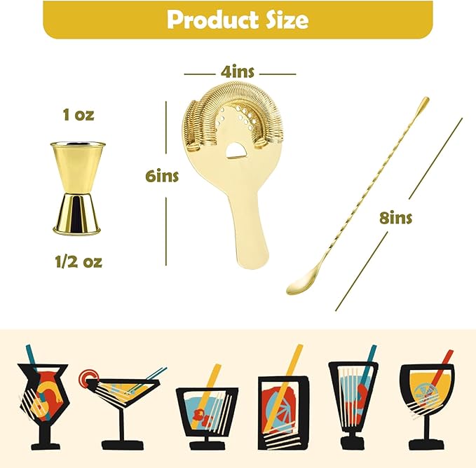 Cocktail Bar Tool Set Stainless Steel Includes Stirring Spoon, Hawthorne Strainer, Cocktail Jigger Bar Essential for Bartender