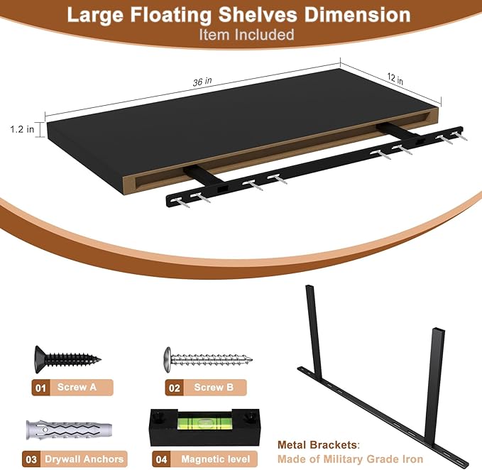 12 Inch Deep Floating Shelves for Wall 3 Pack Floating Shelfs Large Storage Space Wall Decor Display Shelf for Bathroom Living Room Bedroom Kitchen 36" W x 12" D x 1.2" H Black
