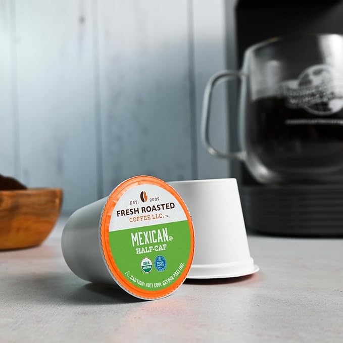 Fresh Roasted Coffee, Organic Mexican Water-Processed Half-Caf | USDA Organic, Kosher | Medium Roast 24 Pods for K Cup Brewers