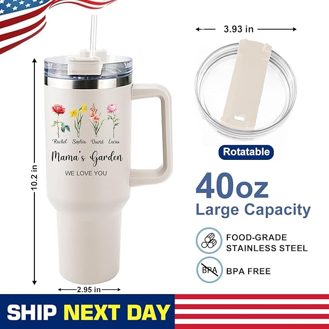ThermoThrill Ships Next Day, Personalized 40 Oz Tumbler with Handle and Straw Custom Tumbler with Text Stainless Steel Mug Birthday Gifts for Women