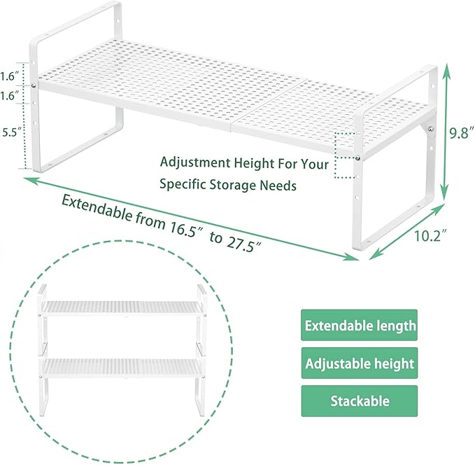 Redrubbit Large Expandable Cabinet Storage Shelf, Adjustable Height Steel Metal Kitchen Counter Organizers Shelves Spice Rack for Kitchen Pantry Bathroom Cupboard Desk Home Office, White-3 Pack
