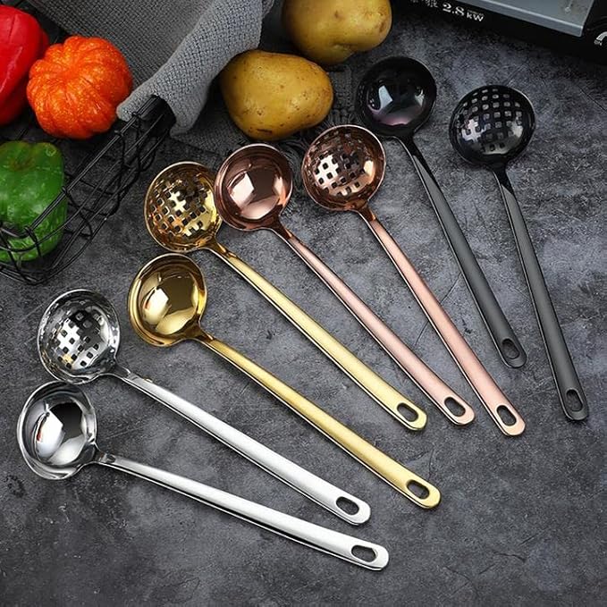 Soup Ladle Skimmer Spoon Set Large 2.9 Inches Bowl Long Handle Stainless Steel Strainer Colander Hot Pot Server - Gold
