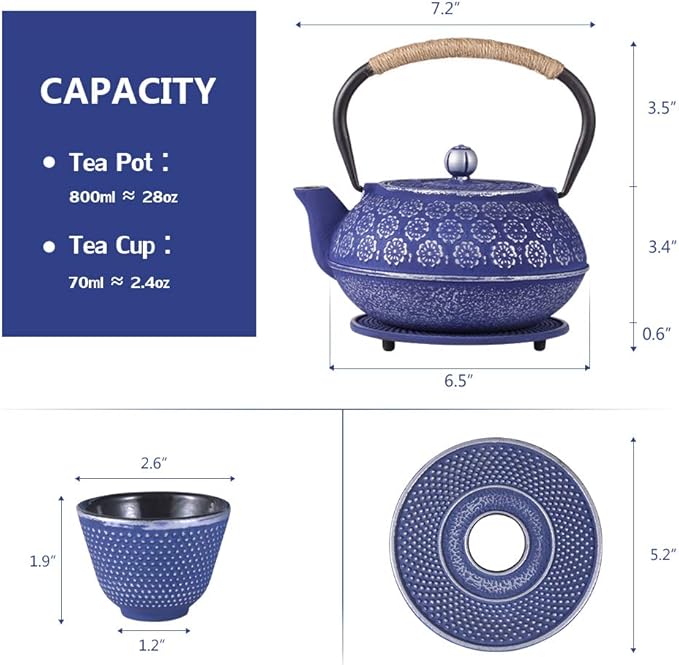 Ufine Blue Floral Cast Iron Teapot Set Japanese Style Tetsubin Tea Kettle with 4 Cups, Stainless Steel Infuser for Stove Top Tea Brewing 28 oz