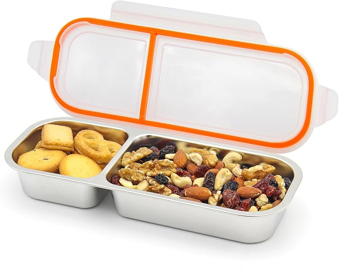 Stainless Steel Snack Containers with Lids, Reusable 2 Compartment Condiment Boxes, Stainless Steel Children's Fruit Box for School,Travel, Office and Outdoors