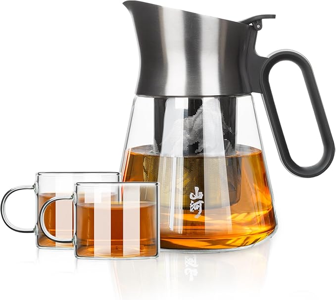 ZENS Design Glass Teapot with Infuser with 2 Cups, 23oz Small Loose Leaf Steeper Pot with Stainless Steel Spout for Hot Tea Diffusers, Oval Handle Clear Tea Infusers Pot for Tea Lovers Gifts