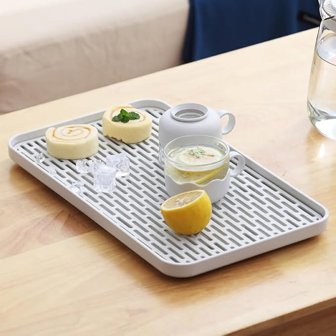 Plastics Drain Tray, Cup & Dish Drying Rack, Drain Board 2 Tier Non Slip Serving Tray with Drainboard Perfect for Sink, Coffee Table, Outdoor (15.4 x 10 x 0.98 in)