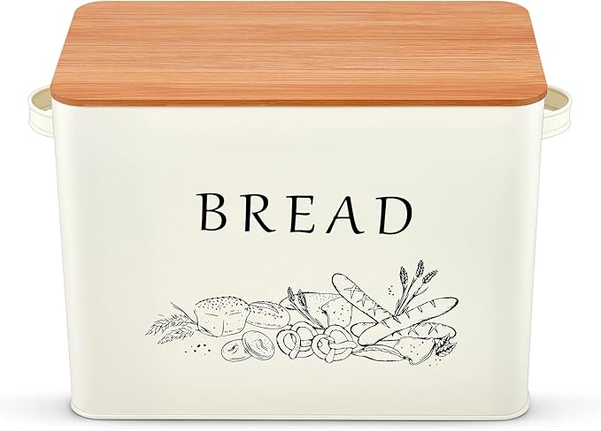 P&P CHEF Bread Box for Kitchen Counter, Metal Bread Storage Bin with Wooden Cutting Lid, Large Capacity for Holding 2+ Loaves, Retro Modern Style, Size 13” x 7.2” x 9.7”, Cream