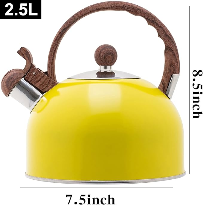 Vilihkc Whistling Stainless Steel Tea Kettle with Wood Grain Anti Heat Handle,2.6 Quart/2.5 Liter Stainless Steel Tea Kettles,Loud Whistling for Tea,Coffee,Gas Electric Applicable