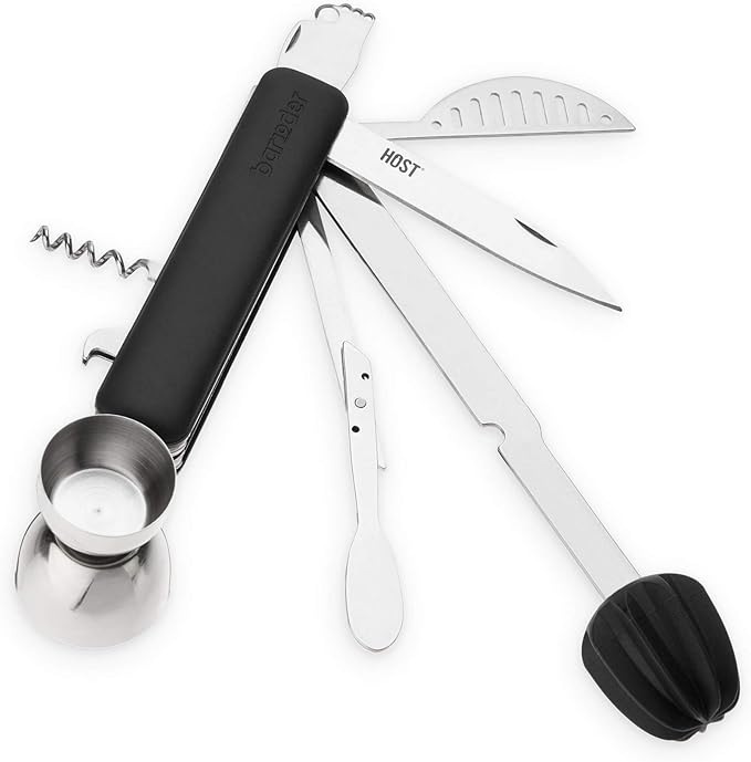 HOST All in One Bartender Multitool Set, 10 in 1 Bar Tool with Strainer, Muddler, Reamer, Jigger, Stirrer, Zester, Corkscrew, Opener, Knife and Channel Knife for Camping, Travel and Outdoor Use