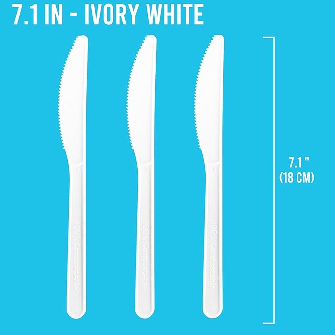 Compostable Knives 500 Count, 7 In Large Disposable Biodegradable Flatware, Eco Friendly Durable Heat Resistant Cutlery Silverware Alternative to Plastic Knives, BPI Certified