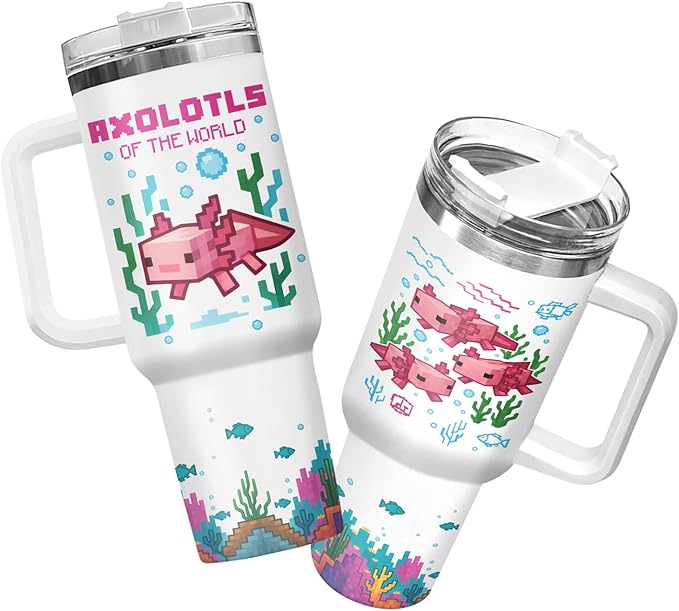34HD Pixel Axolotl 40oz Tumbler with Handle and Straw – Cute Sea Animal Stainless Steel Water Cup – Insulated Coffee Travel Mug for Kids, Gamers, Women, Axolotl Lovers, Birthday Gift Christmas Gift