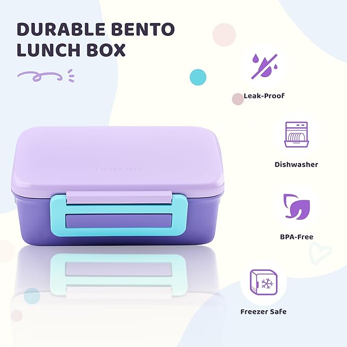 MAISON HUIS Kids Lunch Box with Thermo, Leakproof Bento Box with 8oz Insulated Food Jar, 2 Compartment Container for Back to School Girls Boys (Purple)
