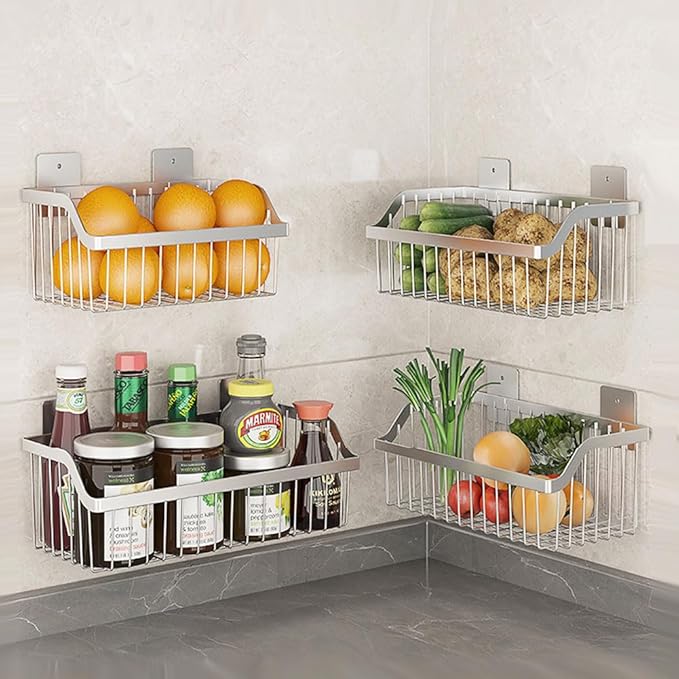 Hanging Kitchen Baskets, Storage Spice Shelf, Wall Mount Storage Baskets, SUS304 Stainless Steel Basket for Kitchen, Bathroom, Storage, 4 Pack, L 11.8Inch, D 6.3Inch, H 4.75Inch
