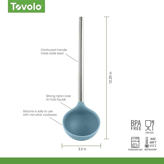 Tovolo Silicone Ladle With Stainless Steel Handle Deep Soup Ladle for Cooking Canning Serving Soup Punch Stew Sauce, Large Kitchen Utensil Spoon Dishwasher Safe BPA Free Silicone, Blue Slate