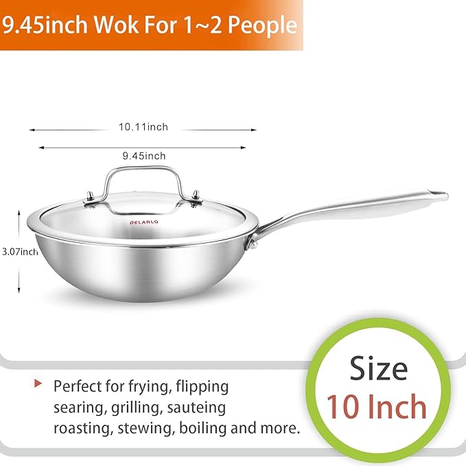DELARLO Whole Body Tri-Ply Stainless Steel Pan 9.45 inch, Stainless Steel Woks & Stir-Fry Pans, Deep Kitchen Small Wok Pan with Lids, Induction Mini wok 9.45", Suitable for All Stove, Up to 650℉