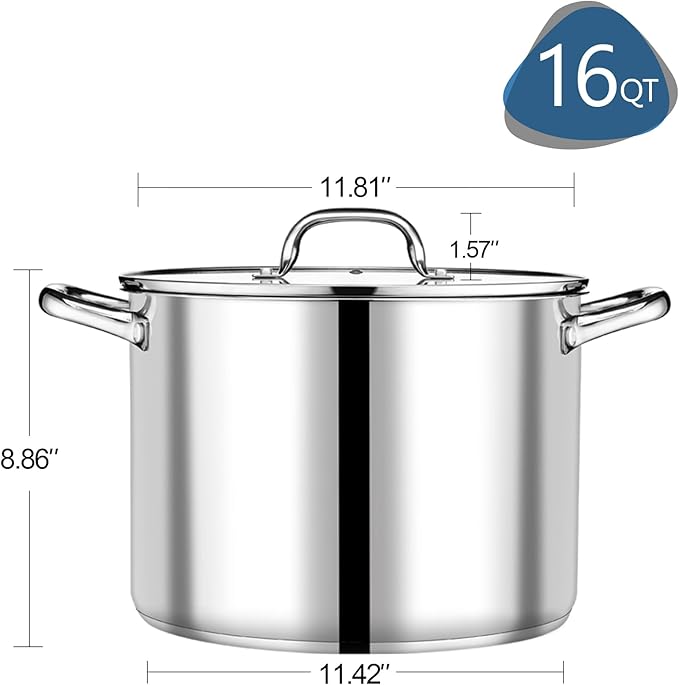 P&P CHEF 16 QT Stock Pot with Lid, Stainless Steel Large Cooking Pot, Soup Canning Stockpot for Stewing Simmering, Tri-ply Bottom for All Stoves, Heavy-Duty &Dishwasher Safe & Food-Grade