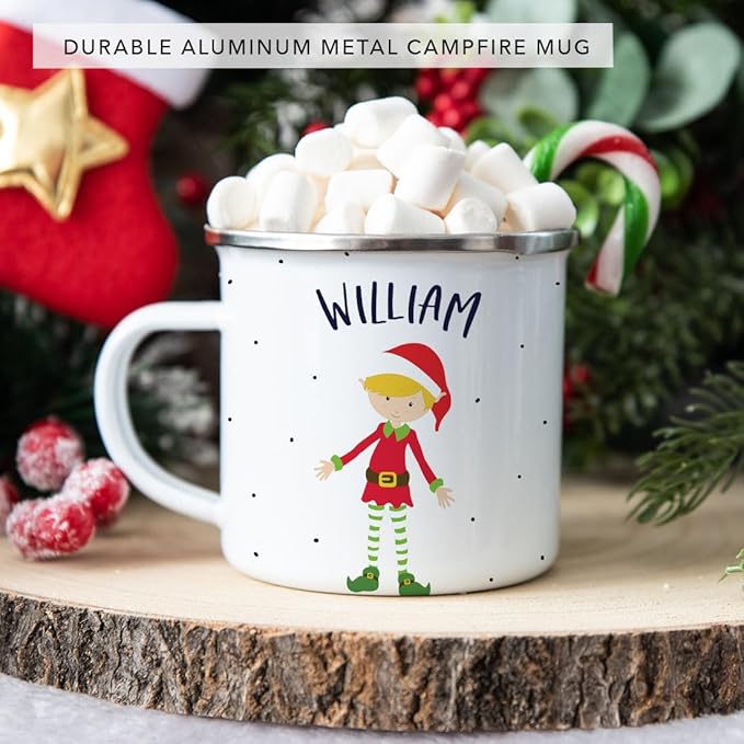 Andaz Press Personalized Name 11oz. Kids Christmas Hot Chocolate Stainless Steel Campfire Coffee Mug, Red Boy Xmas Elf Standing, 1-Pack, Custom Child’s Birthday Xmas Cup Christmas Hot Chocolate Mug