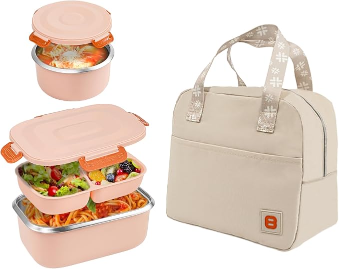 Insulated Bento Box with Thermo, 18/8 Stainless Steel Lunch Box, Bento Box for Adults and Kids with PP5 Containers, Food Containers with Bag for Office or School, Pink