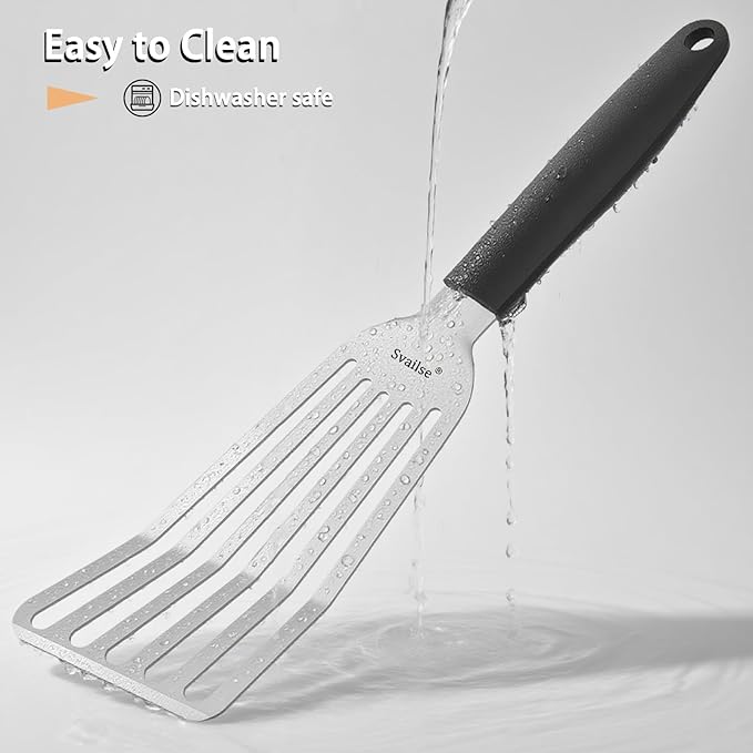 Fish Spatula Stainless Steel, Metal Spatula for Cast Iron Skillet, Slotted Turner with Silicone Handle for Cooking, Grilling, Flipping, Egg, Cookie, Pancake and Burger (Small and Large)