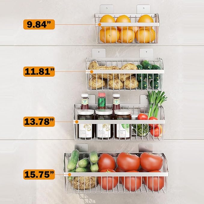 4 Set Hanging Wall Mount Storage Baskets, Multiuse Sturdy SUS304 Stainless Steel Organizing Baskets for Home Kitchen, Bathroom, Pantry Utility, Laundry Organizer,L15.75Inch, D 6.3Inch, H 4.75Inch