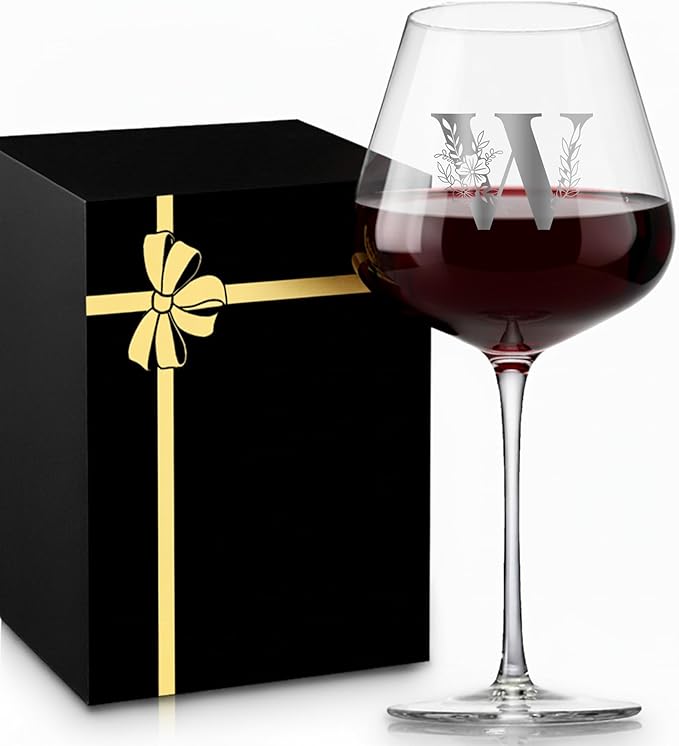 MNZZ Initial Crystal Wine Glass for Women Mothers Day for Mom Wife Gifts Grandma Sister Her, Monogrammed A-Z Personalized Glasses Gift Customized Mother's Graduation Birthday,W