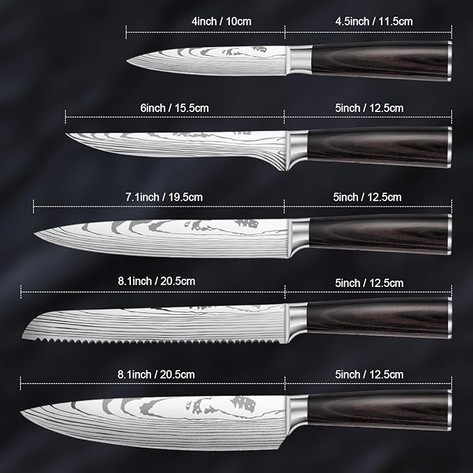 5-Piece Premium Japanese Kitchen Knife Set - Imperial Collection, Laser Damascus Pattern, 440A Stainless Steel Ultra Sharp for Fast Cutting (Redwood 5B)