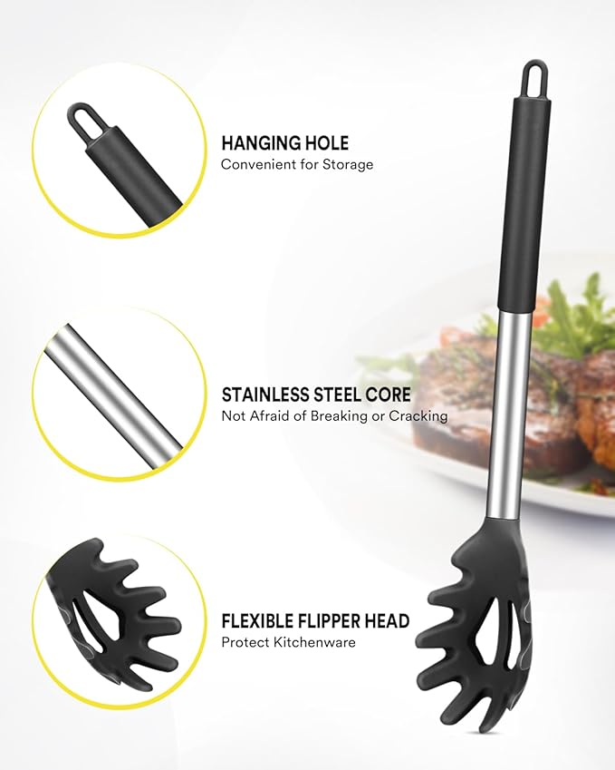 Silicone Pasta Fork and Soup Ladle Set, Non-Stick BPA Free Heat-Resistant Handy Kitchen Utensils for Cooking, Serving, Draining, Stirring (Black)
