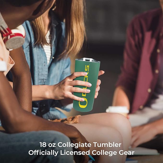 Campus Colors College Stainless Steel, Double Walled, Vacuum Insulated, Reusable Collegiate Tumbler with Slider-Top Lid for Travel, Sports, and Coffee, 18 oz (Oregon Ducks - Green)