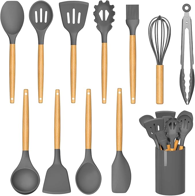 Silicone Cooking Utensils Set For Kitchen, Spoons Spatula Spatulas Accessories, Baking Heat Resistant Cookware De Home, Rubber New Apartment Decor, Plastic Nonstick Turner Tool (grey)