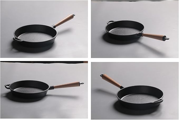 LI-GELISI Pre-Seasoned Cast Iron Round Griddle Cast Iron Round Frying Pan Wooden Handle 8.6 Inch