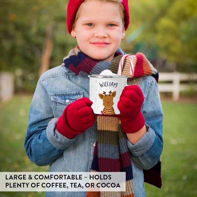 Andaz Press Personalized 11Oz. Kids Christmas Hot Chocolate Stainless Steel Campfire Coffee Mug, Adorable Rudolph Reindeer Red Green Scarf, 1-Pack Custom Birthday Xmas Cup Christmas Mugs Hot Cocoa Mug