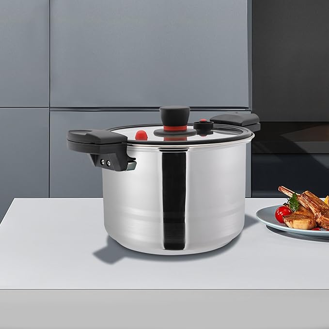 7.4Qt Pressure Pot, 60Kpa Pressure Canner Cooker with One-hand Operating Glass Lid, Stainless Steel Instant Fast Cooking Pot Suit for Family of 6-7 (Silver)