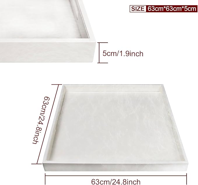 25 * 25 inches Leather Rectangle Serving Tray with Hole Handles,High-End Light Large Service Tray for Ottoman Tray, Tea, Food, Butler - Countertop, Kitchen,Family Dinner, Picnic(White)