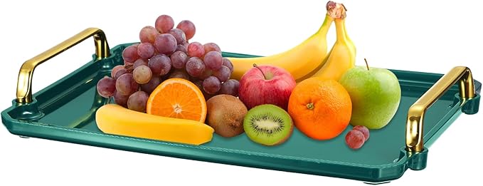 uxcell Plastic Serving Tray with Golden Handle, 12 x 8.6 Modern Rectangular Decorative Tray Acrylic Reusable Tea Platter for Countertop Bathroom Kitchen Home Restaurant, Dark Green