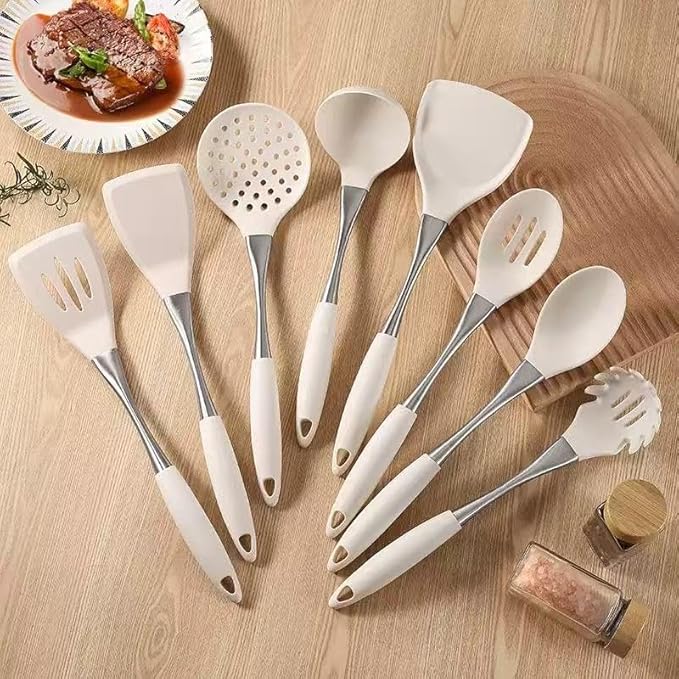 8-Piece White Kitchen Utensil Set with Gold Handles, Stainless Steel Cooking Tools, Includes Spatulas, Ladle, Spoons for Nonstick Cookware (silvery and Beige)