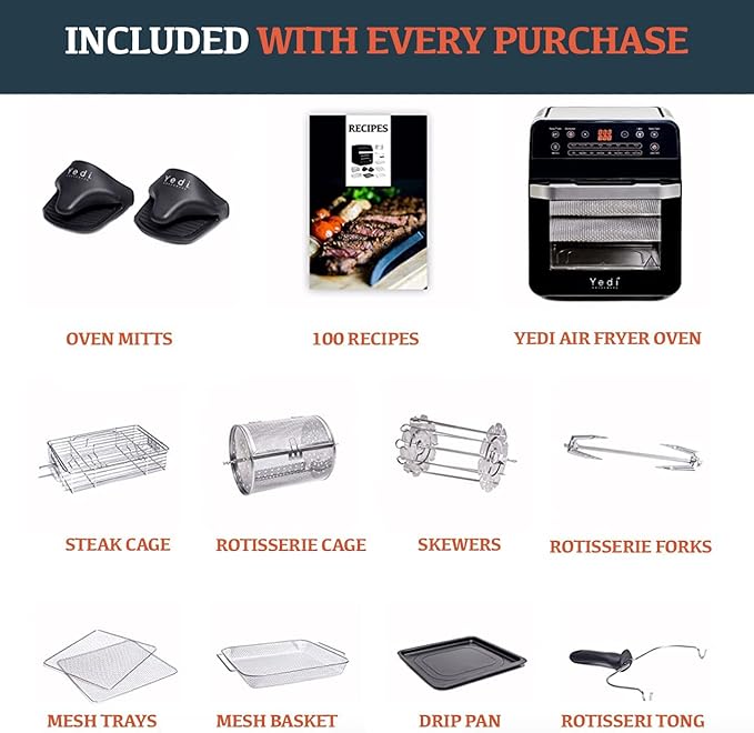 Yedi Total Package 18-in-1 Air Fryer Oven, Air Fryer with Rotisserie and Dehydrator + 100 Recipes, 12.7 Quart