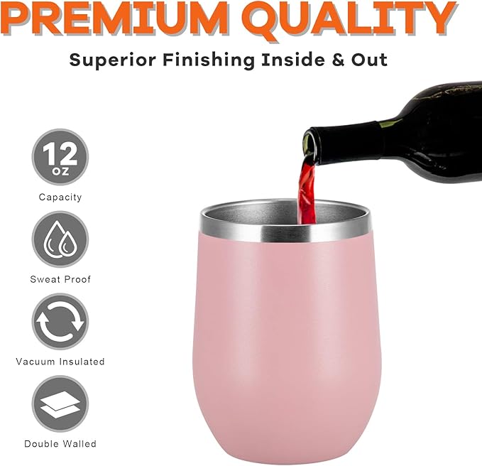 COMOOO Stainless Steel Wine Tumbler Glass Bulk with Lid and Straw 12oz Double Wall Vacuum Insulated Travel Tumbler Cup Stemless for Hot and Cold Drinks, Coffee, Wine, Cocktails, Pink, 8 Pack