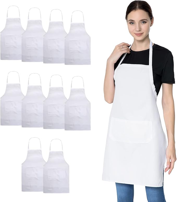 White Aprons Bulk with Pockets for Women Girls Adults Chef, Set of 10 Kitchen Bib Apron for Cooking Baking Restaurant Painting DIY (10, White)
