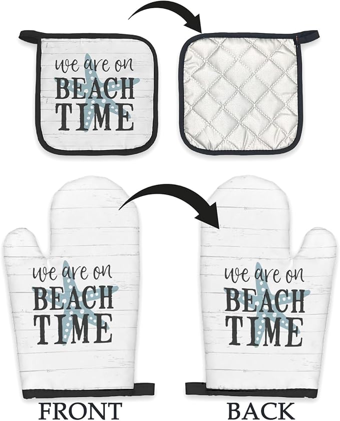 Beach Themed Gifts Oven Mitts and Pot Holders Sets, Coastal Beach House Kitchen Accessories Sets, Rustic We are on BeachTime Heat Resistant Oven Glove Potholders for Kitchen Cooking Baking BBQ