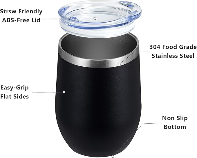 MEWAY 12OZ/8 Pack Wine Tumbler Glasses with Lid - Stemless Double Wall Vacuum Stainless Steel Travel Tumbler - Keeping Cold & Hot for Wine,Coffee,Cocktails,Drinks-Family and Gifts (Black,Set of 8)