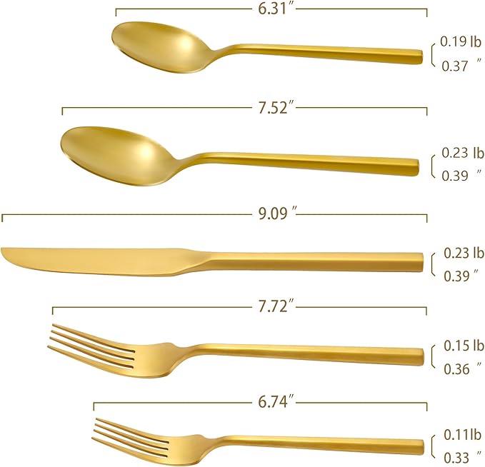 DEACORY Silverware Set Flatware Set Matte Gold Cutlery Set Brushed Brass Heavy Hexagon Handle Stainless Steel 20 Pieces Dishwasher Safe Service for 4